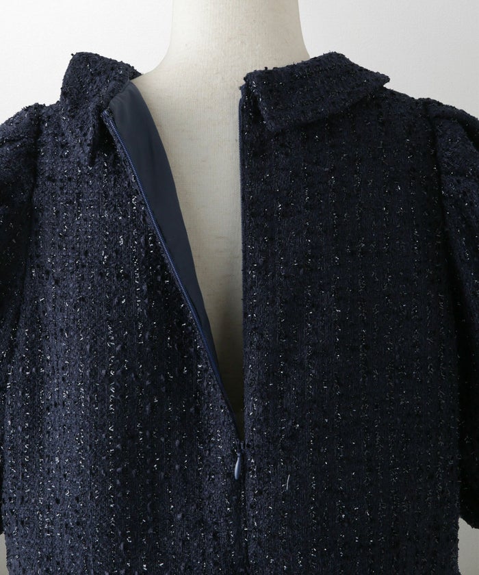 襟付き ツイード ペプラムトップス 丸襟 ツイード ラメ オフィス 学校行事 きれいめ 半袖 ホワイト/ネイビー/M