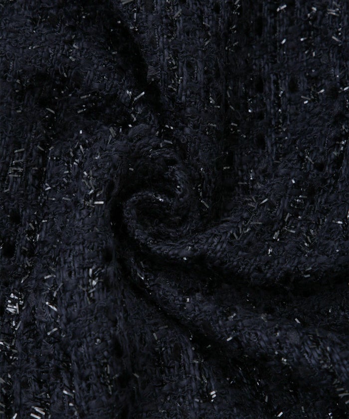 襟付き ツイード ペプラムトップス 丸襟 ツイード ラメ オフィス 学校行事 きれいめ 半袖 ホワイト/ネイビー/M