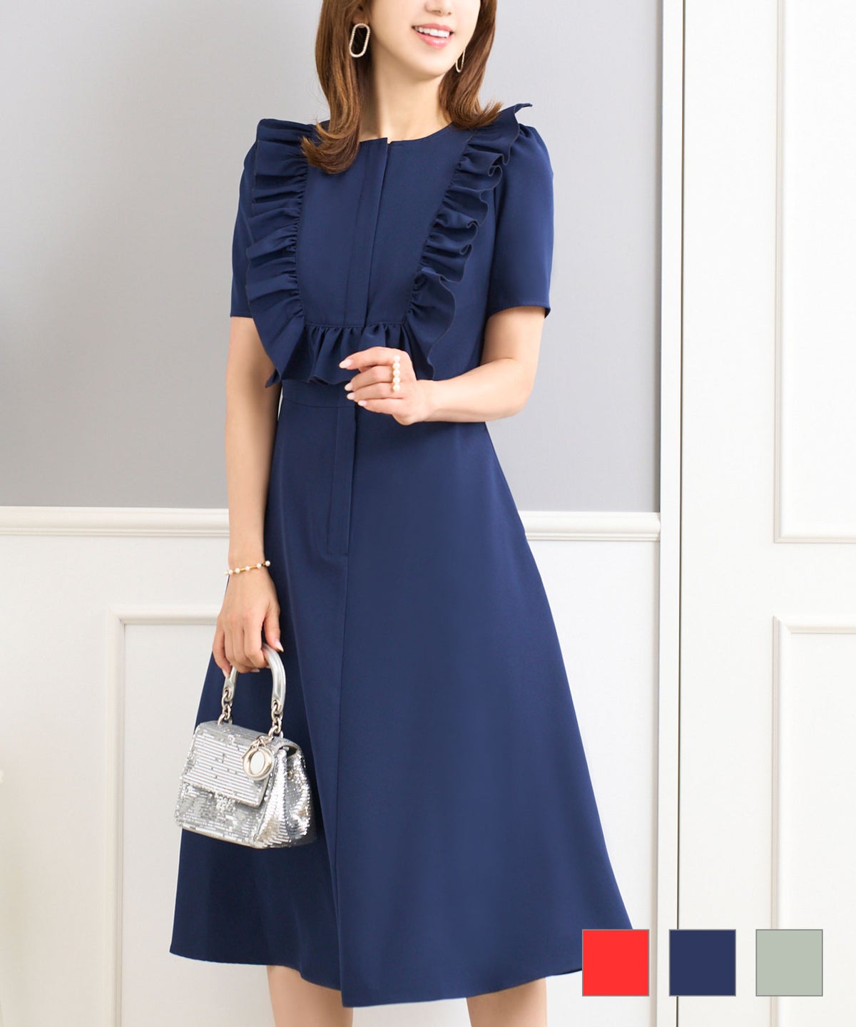 ワンピース レディース かわいい きれいめ 大人 オフィス 赤 春夏秋 フィット&フレア 半袖 上品 膝丈 ジョイントスペース フロントフリル エアリー ストレッチ ワンピース Prima Scherrer