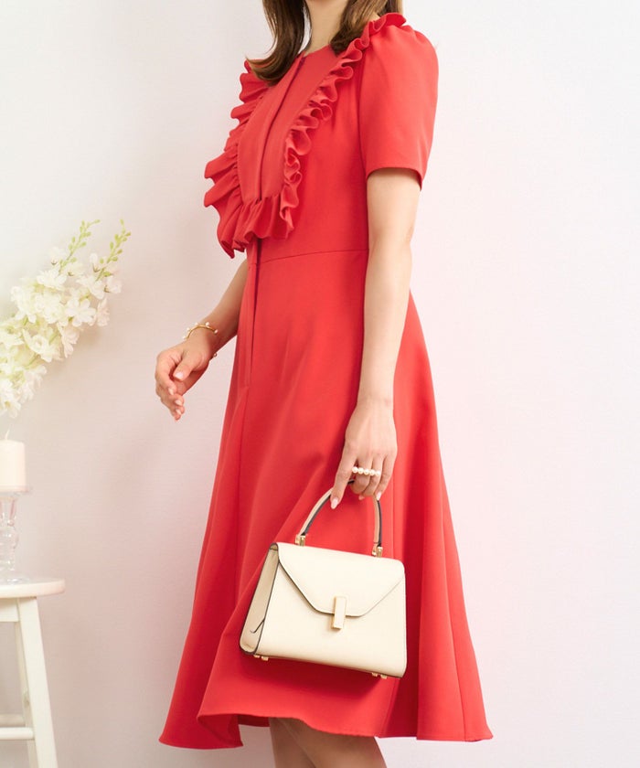 ワンピース レディース かわいい きれいめ 大人 オフィス 赤 春夏秋 フィット&フレア 半袖 上品 膝丈 ジョイントスペース