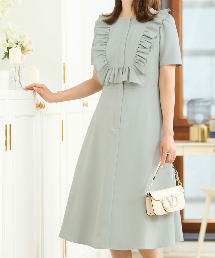 ワンピース レディース かわいい きれいめ 大人 オフィス 赤 春夏秋 フィット&フレア 半袖 上品 膝丈 ジョイントスペース