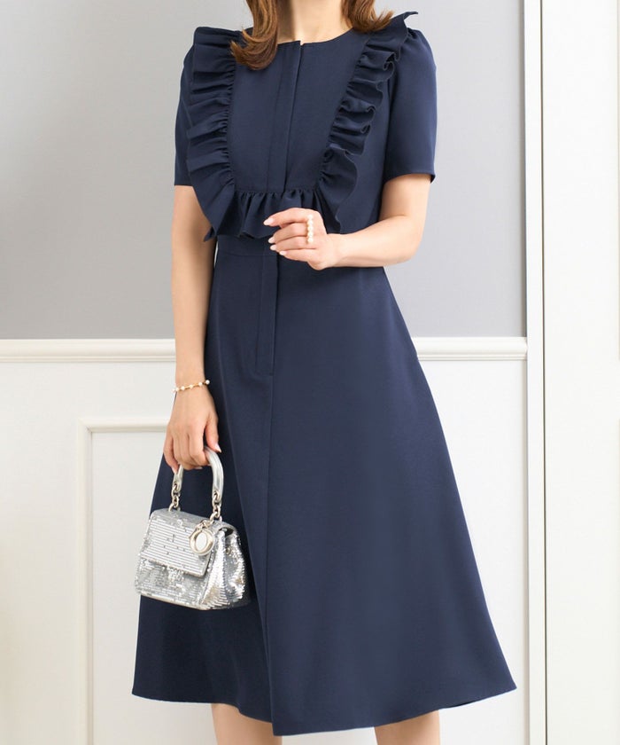 ワンピース レディース かわいい きれいめ 大人 オフィス 赤 春夏秋 フィット&フレア 半袖 上品 膝丈 ジョイントスペース