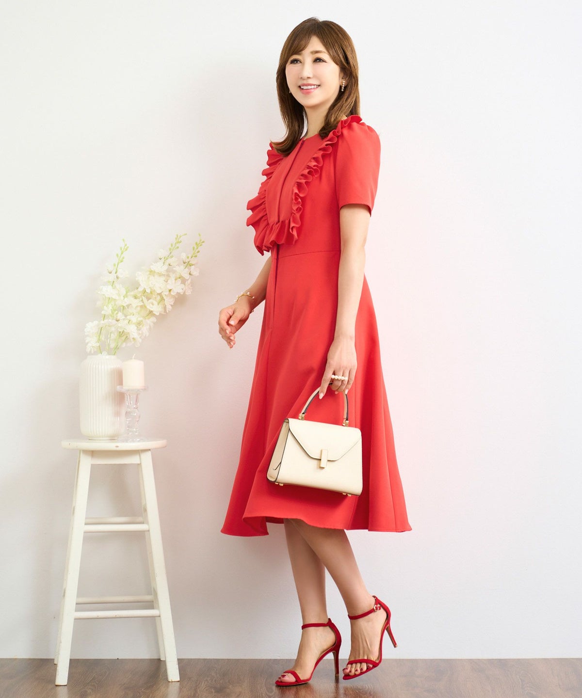 ワンピース レディース かわいい きれいめ 大人 オフィス 赤 春夏秋 フィット&フレア 半袖 上品 膝丈 ジョイントスペース