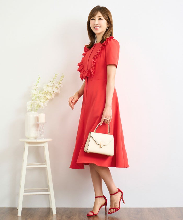 ワンピース レディース かわいい きれいめ 大人 オフィス 赤 春夏秋 フィット&フレア 半袖 上品 膝丈 ジョイントスペース