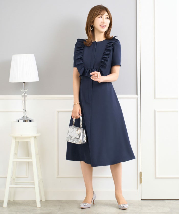 ワンピース レディース かわいい きれいめ 大人 オフィス 赤 春夏秋 フィット&フレア 半袖 上品 膝丈 ジョイントスペース