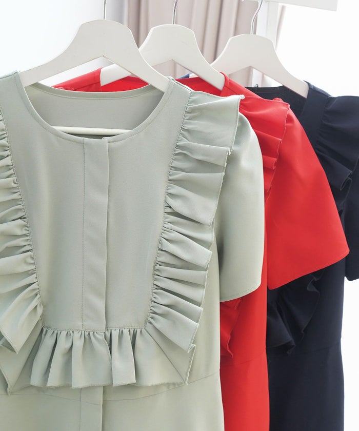 ワンピース レディース かわいい きれいめ 大人 オフィス 赤 春夏秋 フィット&フレア 半袖 上品 膝丈 ジョイントスペース