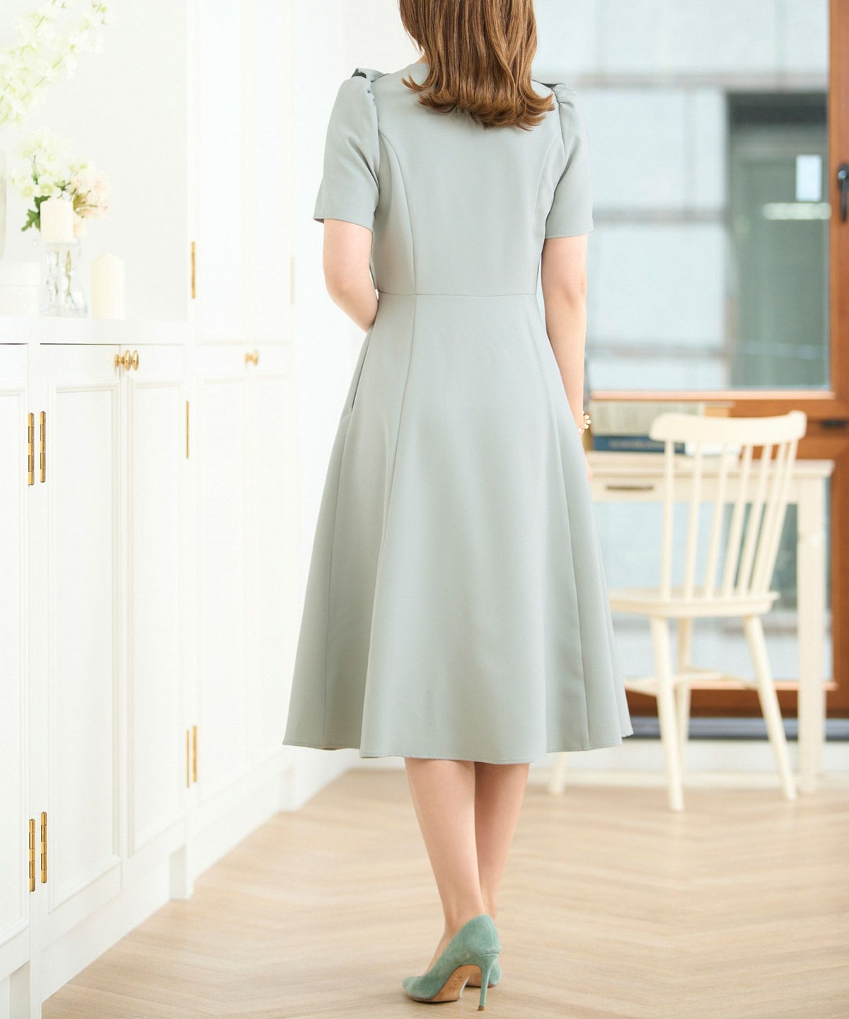 ワンピース レディース かわいい きれいめ 大人 オフィス 赤 春夏秋 フィット&フレア 半袖 上品 膝丈 ジョイントスペース