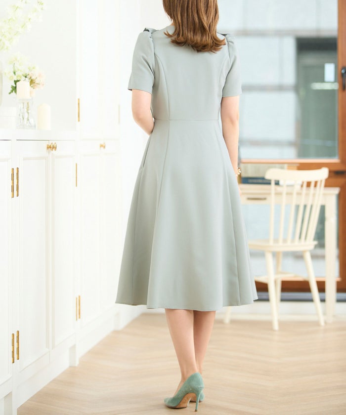 ワンピース レディース かわいい きれいめ 大人 オフィス 赤 春夏秋 フィット&フレア 半袖 上品 膝丈 ジョイントスペース