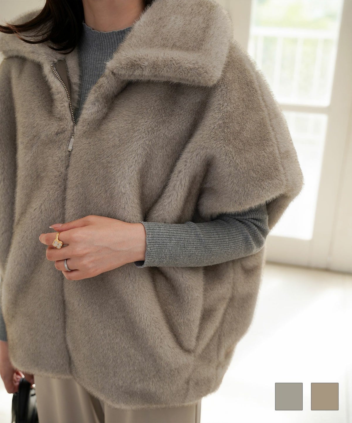 レディース  ジレ ファー フェイクファー ジャケット アウター 秋 冬 きれいめ ライトグレー キャメル M ノースリーブ エコファー ベスト HUIT