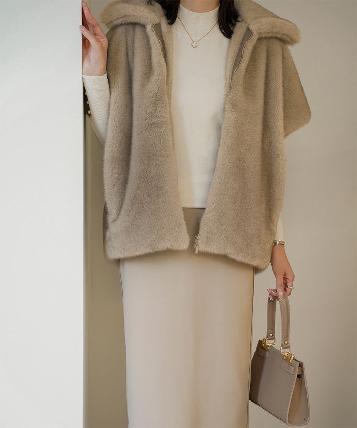 レディース  ジレ ファー フェイクファー ジャケット アウター 秋 冬 きれいめ ライトグレー/キャメル/M/ノースリーブ