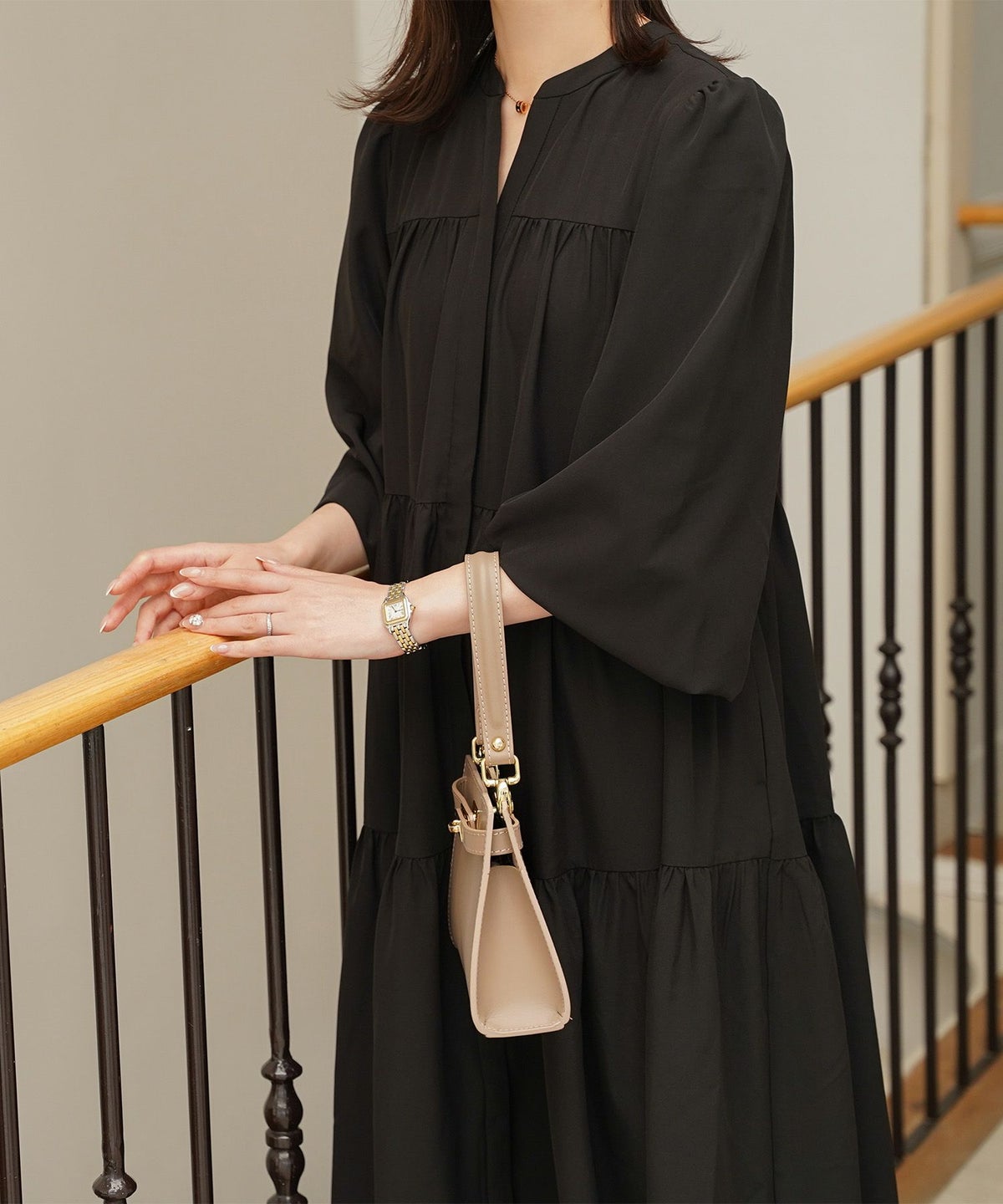 レディース 春 秋 冬 ティアードワンピース ロングワンピース マキシ丈 きれいめ 洗える ブラウン/ブラック/S/M/長袖