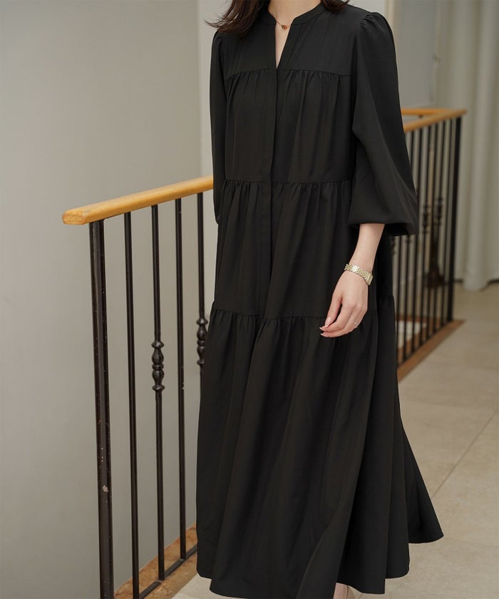 レディース 春 秋 冬 ティアードワンピース ロングワンピース マキシ丈 きれいめ 洗える ブラウン/ブラック/S/M/長袖