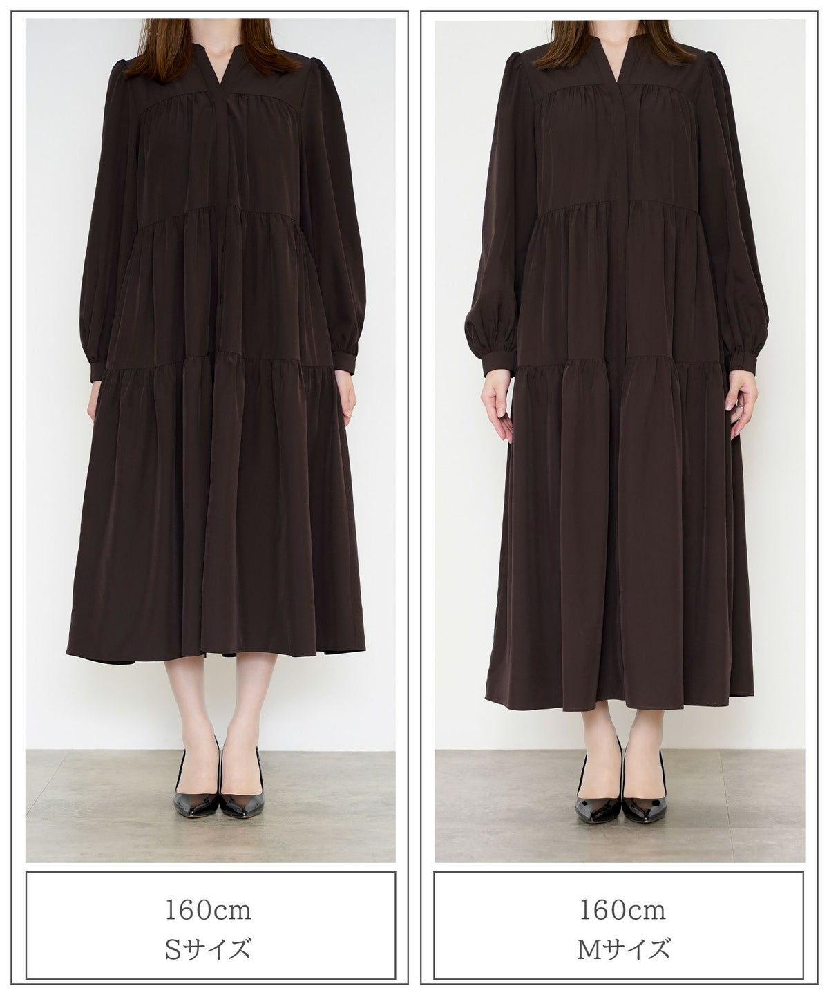 レディース 春 秋 冬 ティアードワンピース ロングワンピース マキシ丈 きれいめ 洗える ブラウン/ブラック/S/M/長袖