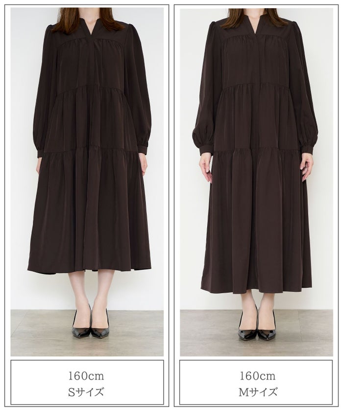 レディース 春 秋 冬 ティアードワンピース ロングワンピース マキシ丈 きれいめ 洗える ブラウン/ブラック/S/M/長袖