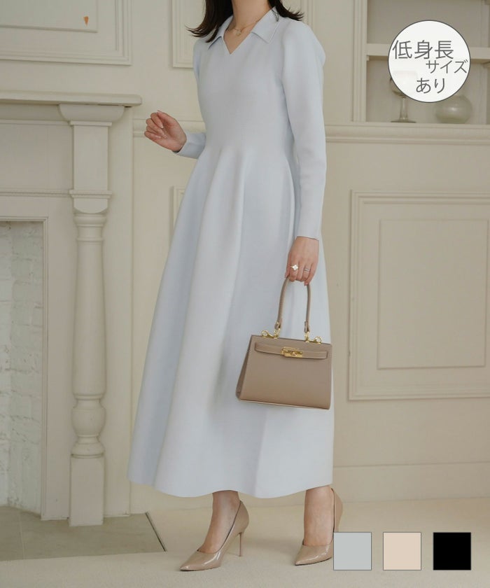 オープンカラー ホールガーメント ニット ワンピース レディース 春 秋 冬 ロング丈 マキシ丈 長袖 Vネック サックス ベージュ ブラック S M オープンカラー ホールガーメント ニット ワンピース HUIT