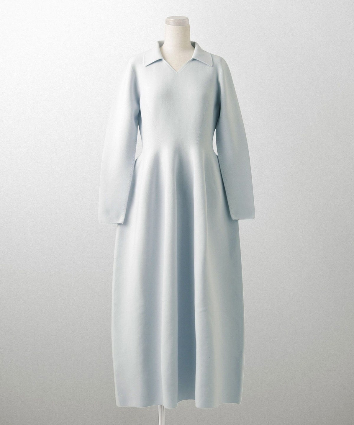 オープンカラー ホールガーメント ニット ワンピース レディース 春 秋 冬 ロング丈 マキシ丈 長袖 Vネック サックス/ベージュ/ブラック/S/M