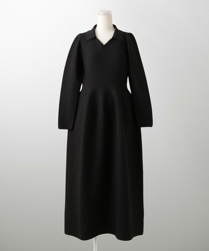 オープンカラー ホールガーメント ニット ワンピース レディース 春 秋 冬 ロング丈 マキシ丈 長袖 Vネック サックス/ベージュ/ブラック/S/M