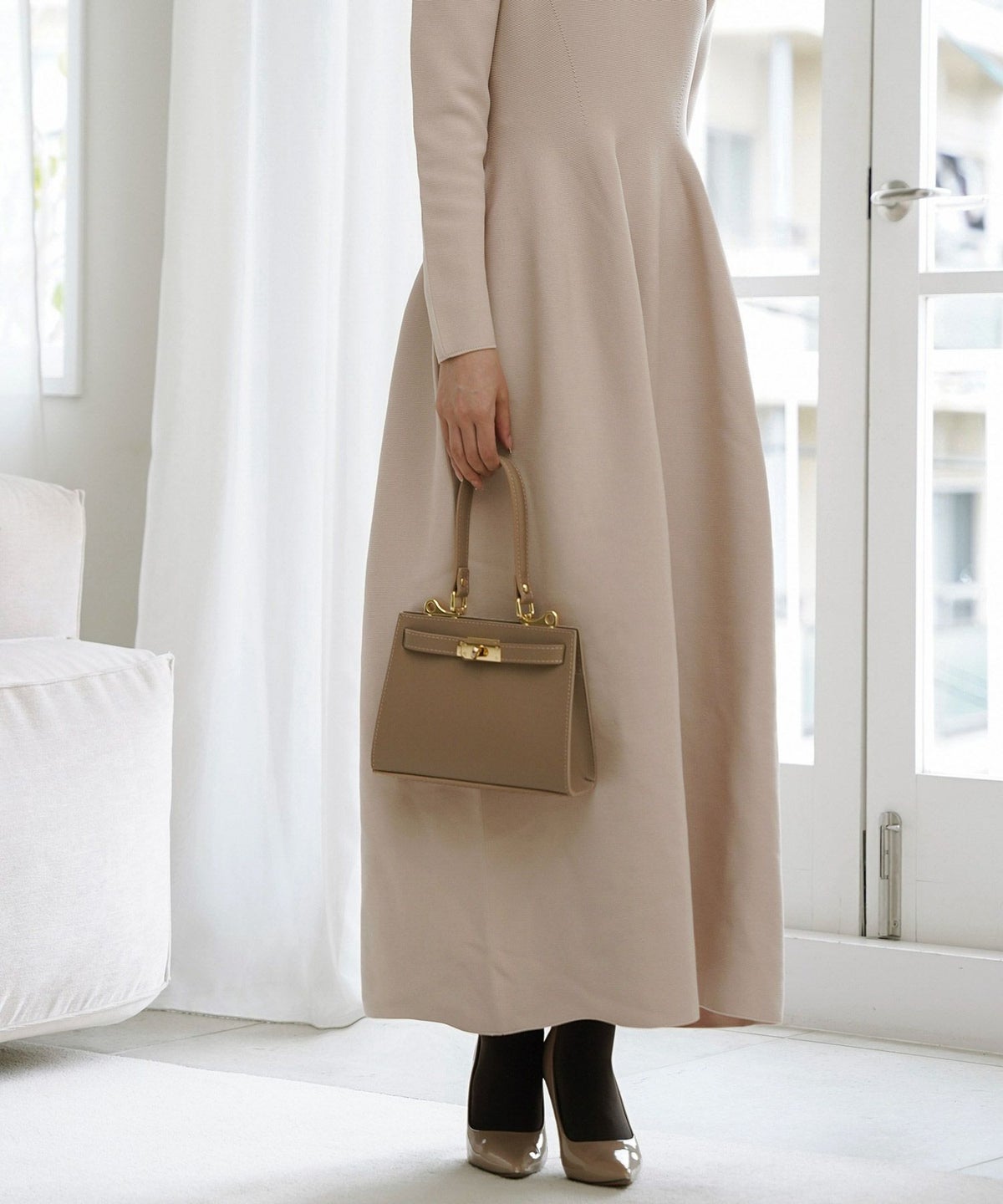 オープンカラー ホールガーメント ニット ワンピース レディース 春 秋 冬 ロング丈 マキシ丈 長袖 Vネック サックス/ベージュ/ブラック/S/M