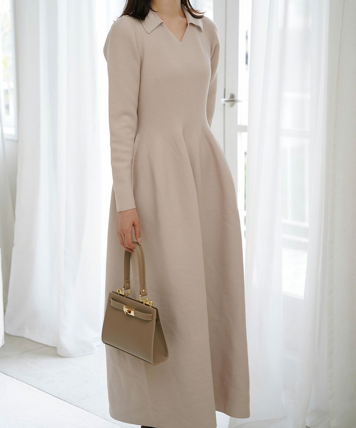 オープンカラー ホールガーメント ニット ワンピース レディース 春 秋 冬 ロング丈 マキシ丈 長袖 Vネック サックス/ベージュ/ブラック/S/M