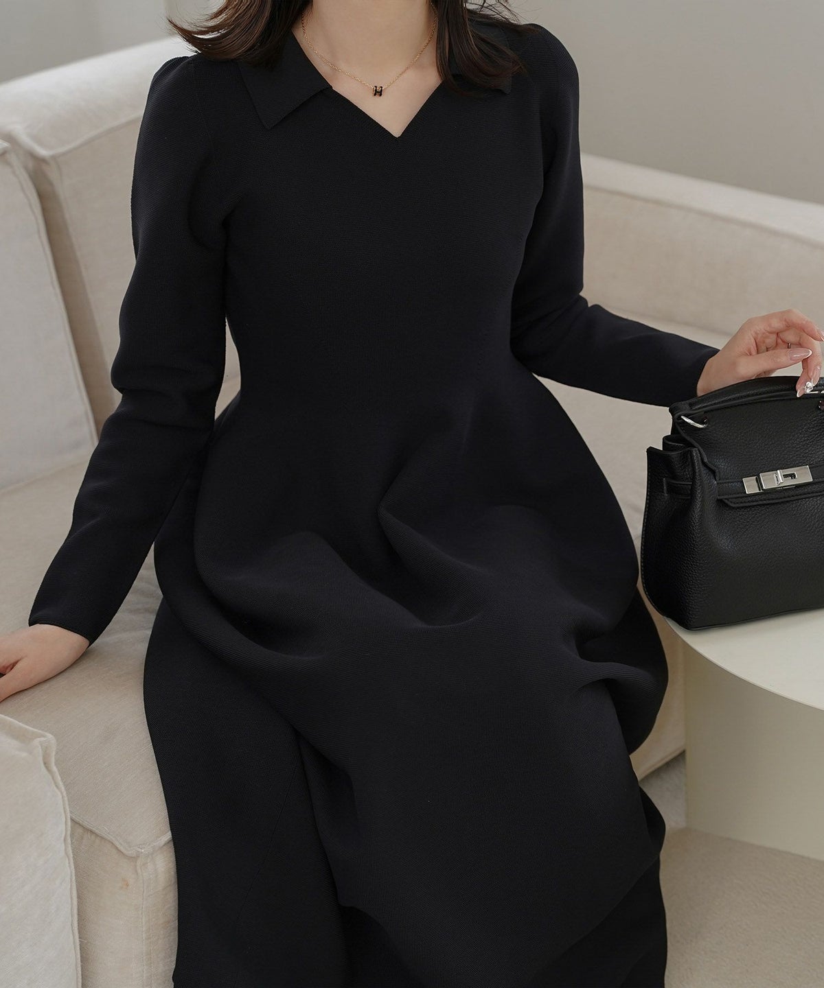 オープンカラー ホールガーメント ニット ワンピース レディース 春 秋 冬 ロング丈 マキシ丈 長袖 Vネック サックス/ベージュ/ブラック/S/M