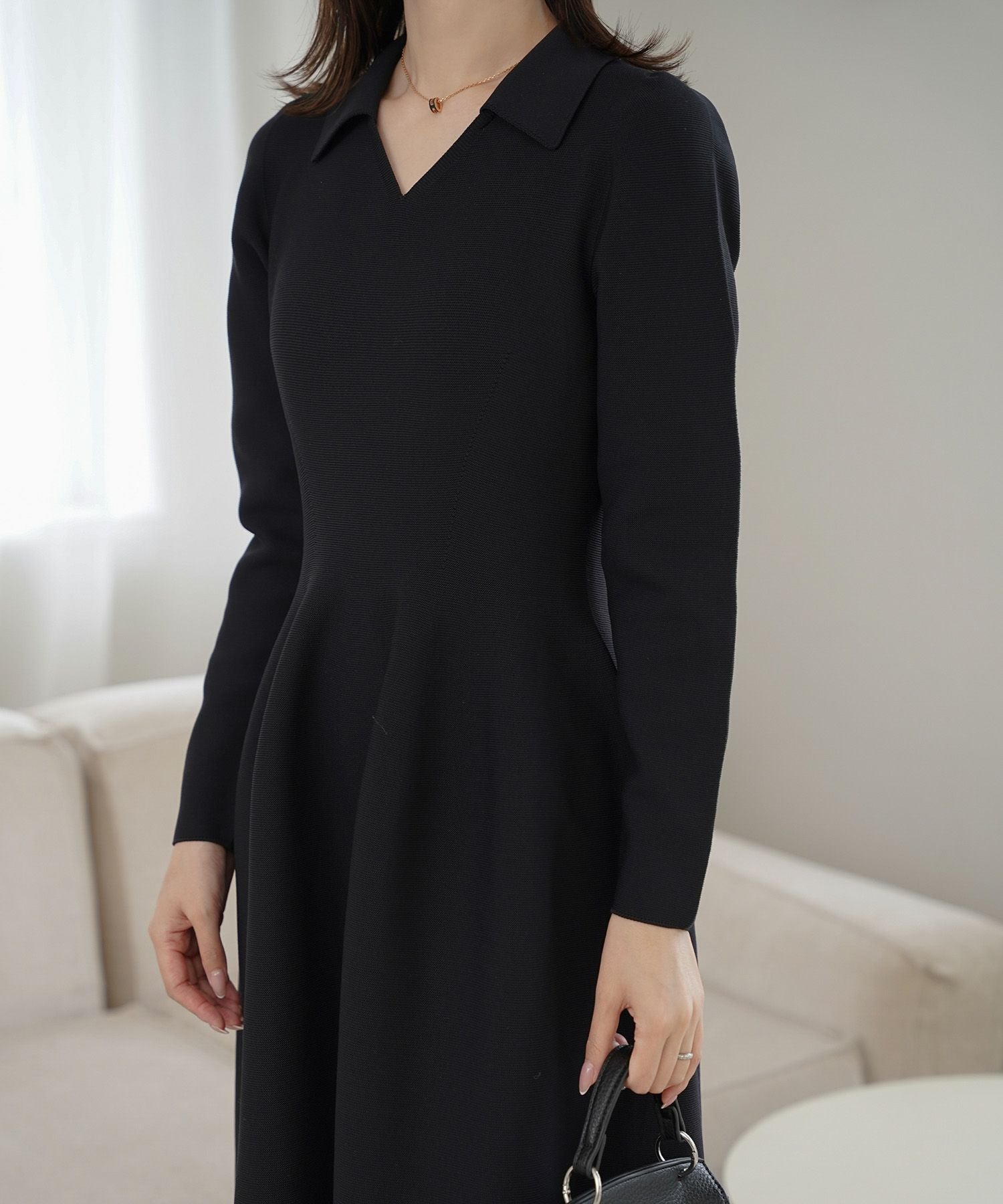 オープンカラー ホールガーメント ニット ワンピース HUIT 全3色