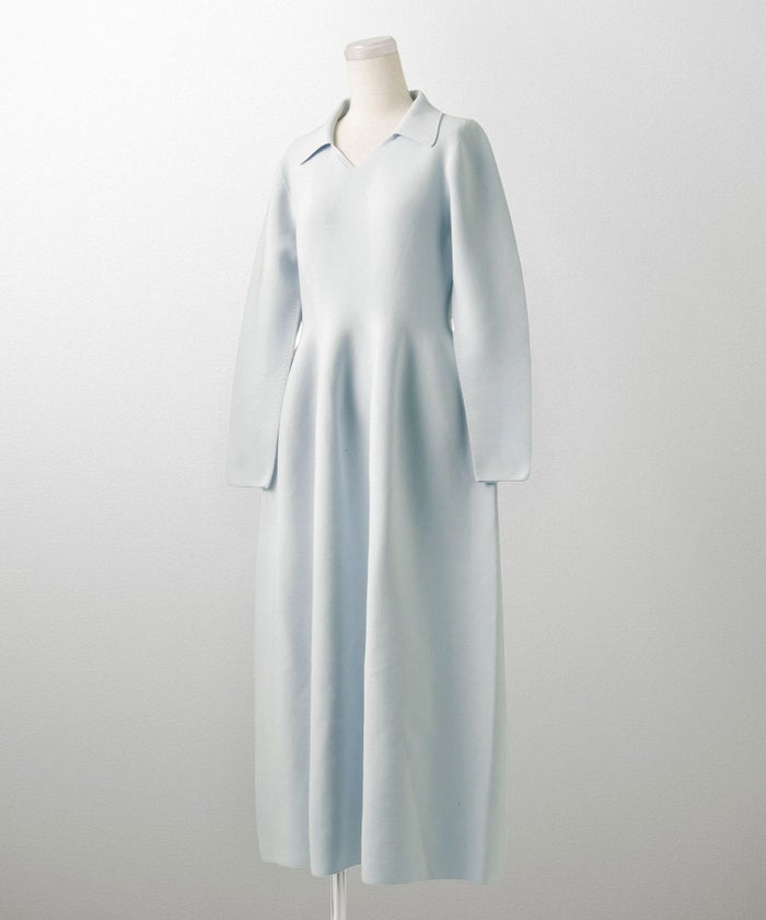 オープンカラー ホールガーメント ニット ワンピース レディース 春 秋 冬 ロング丈 マキシ丈 長袖 Vネック サックス/ベージュ/ブラック/S/M