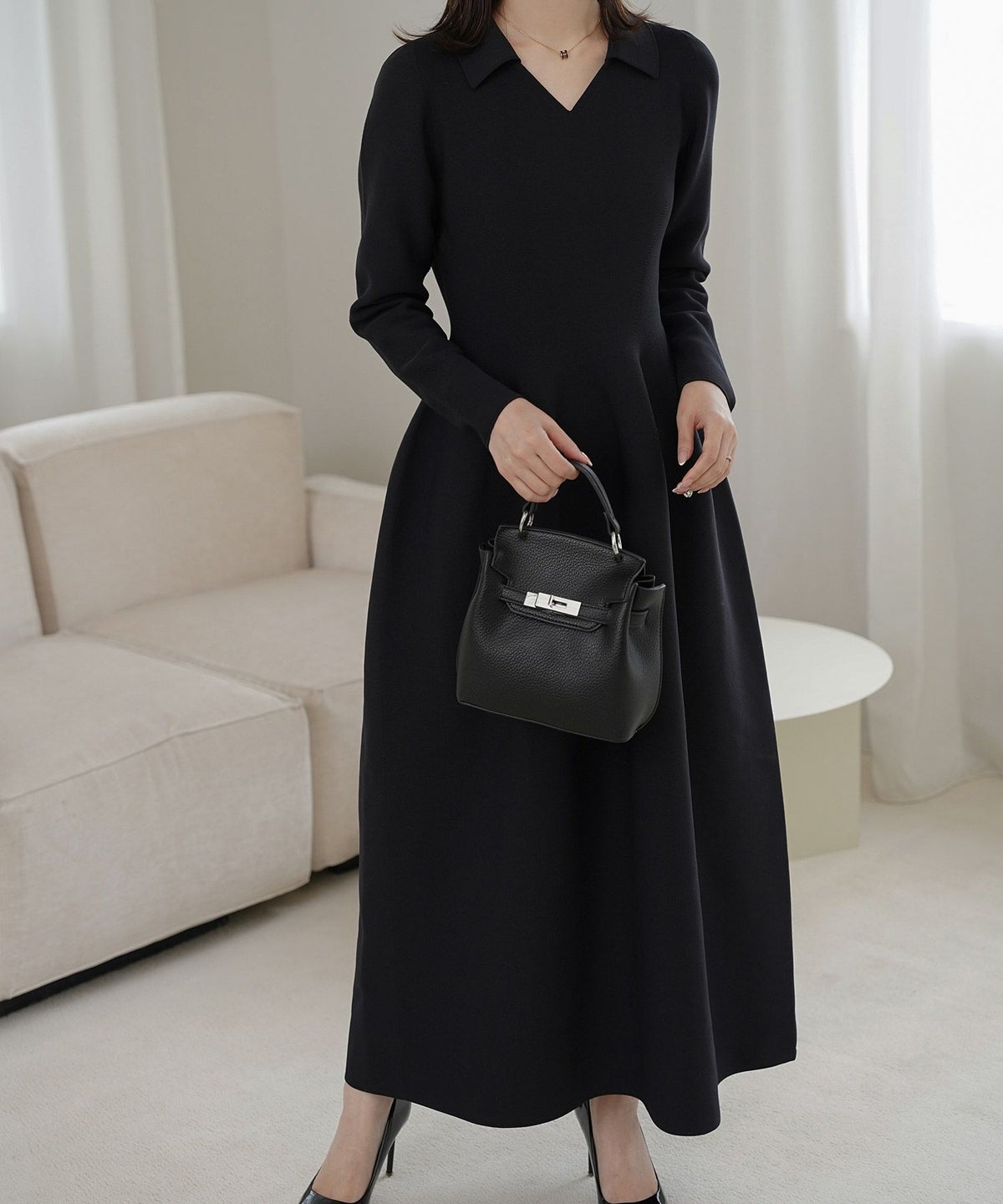 オープンカラー ホールガーメント ニット ワンピース レディース 春 秋 冬 ロング丈 マキシ丈 長袖 Vネック サックス/ベージュ/ブラック/S/M