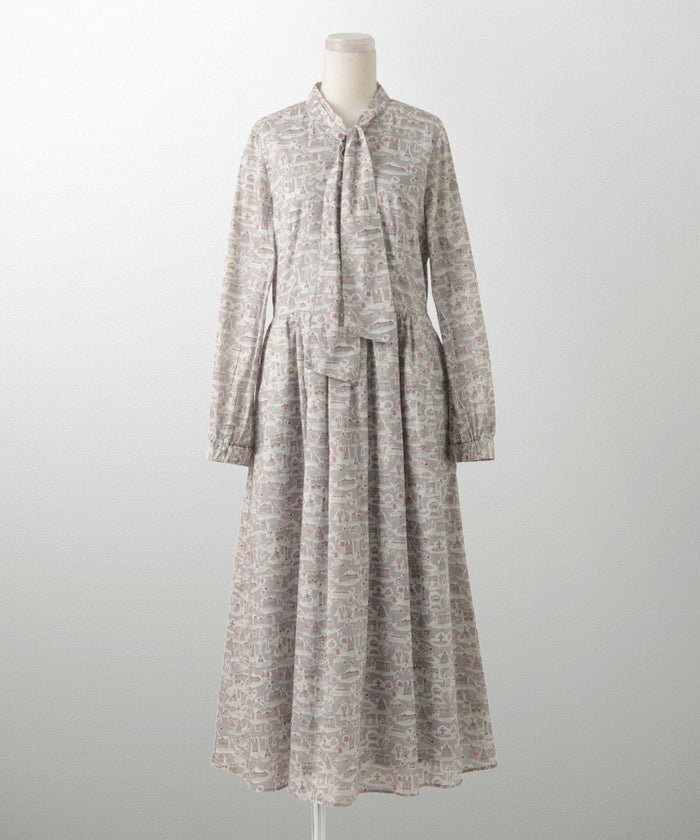 レディース ワンピース ボウタイ リバティ柄 長袖 パリ 陶器 長袖 きれいめ 上品 洗える グレー/ピンク/ブルー/ベージュ/M