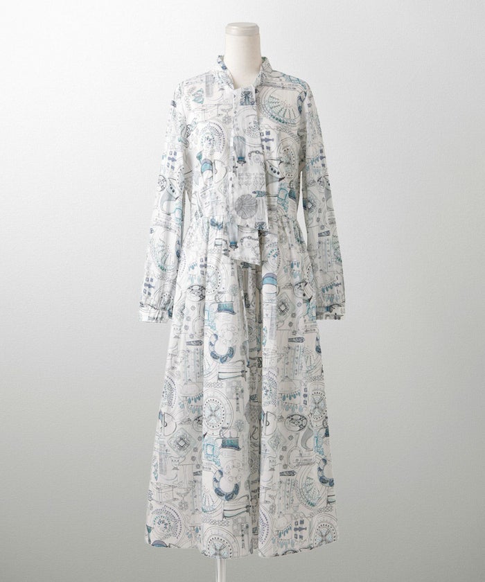 レディース ワンピース ボウタイ リバティ柄 長袖 パリ 陶器 長袖 きれいめ 上品 洗える グレー/ピンク/ブルー/ベージュ/M