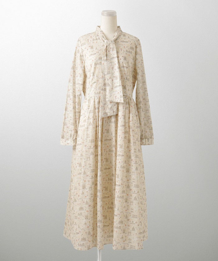 レディース ワンピース ボウタイ リバティ柄 長袖 パリ 陶器 長袖 きれいめ 上品 洗える グレー/ピンク/ブルー/ベージュ/M