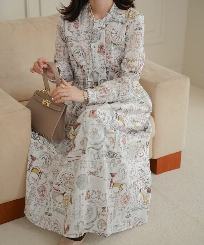 レディース ワンピース ボウタイ リバティ柄 長袖 パリ 陶器 長袖 きれいめ 上品 洗える グレー/ピンク/ブルー/ベージュ/M