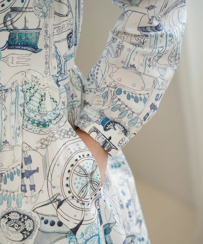 レディース ワンピース ボウタイ リバティ柄 長袖 パリ 陶器 長袖 きれいめ 上品 洗える グレー/ピンク/ブルー/ベージュ/M