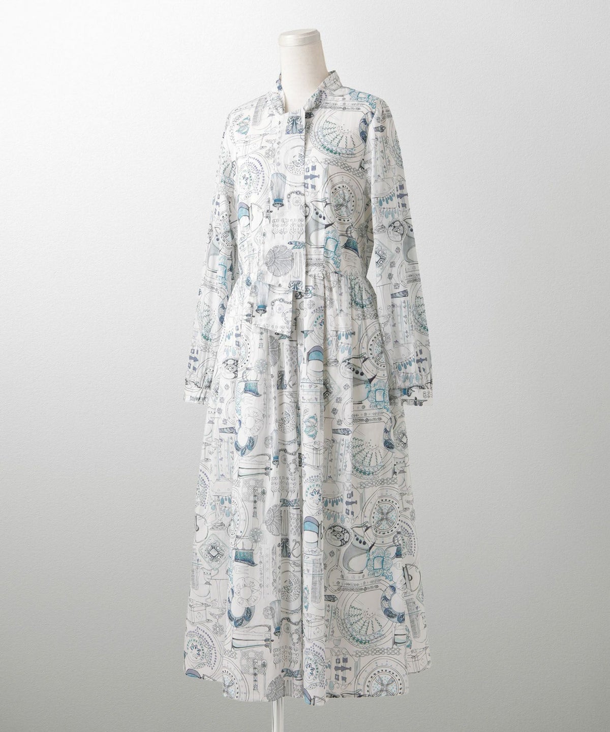 レディース ワンピース ボウタイ リバティ柄 長袖 パリ 陶器 長袖 きれいめ 上品 洗える グレー/ピンク/ブルー/ベージュ/M