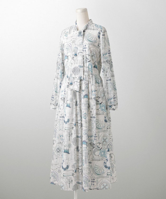 レディース ワンピース ボウタイ リバティ柄 長袖 パリ 陶器 長袖 きれいめ 上品 洗える グレー/ピンク/ブルー/ベージュ/M