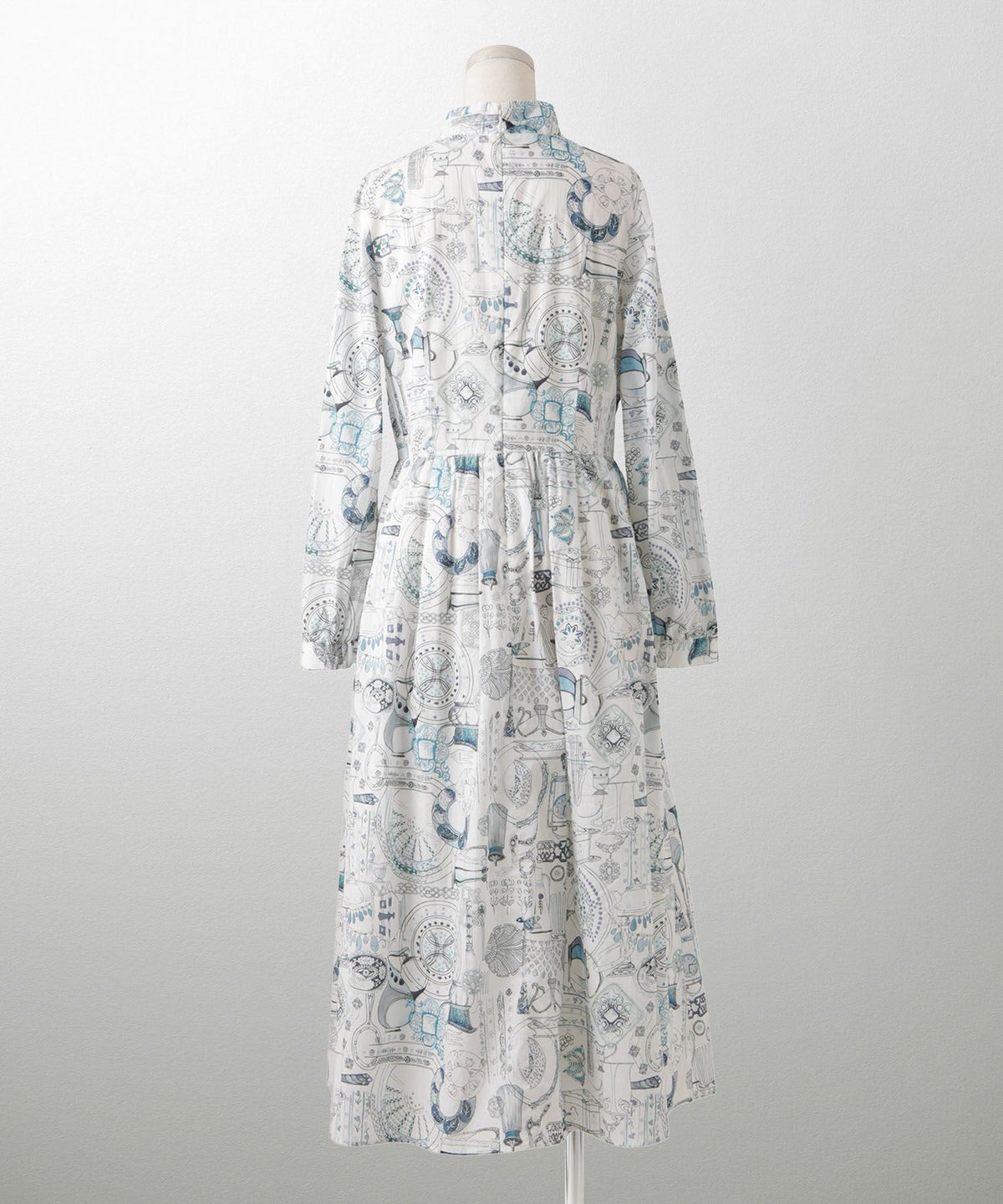 レディース ワンピース ボウタイ リバティ柄 長袖 パリ 陶器 長袖 きれいめ 上品 洗える グレー/ピンク/ブルー/ベージュ/M