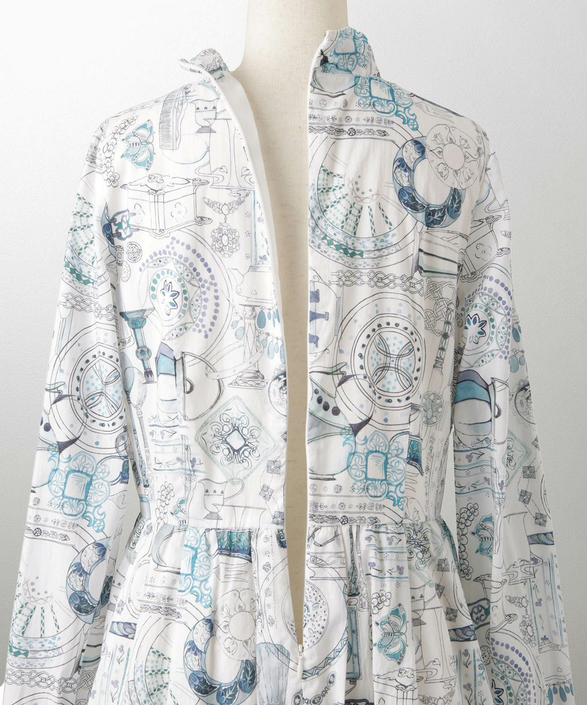 レディース ワンピース ボウタイ リバティ柄 長袖 パリ 陶器 長袖 きれいめ 上品 洗える グレー/ピンク/ブルー/ベージュ/M