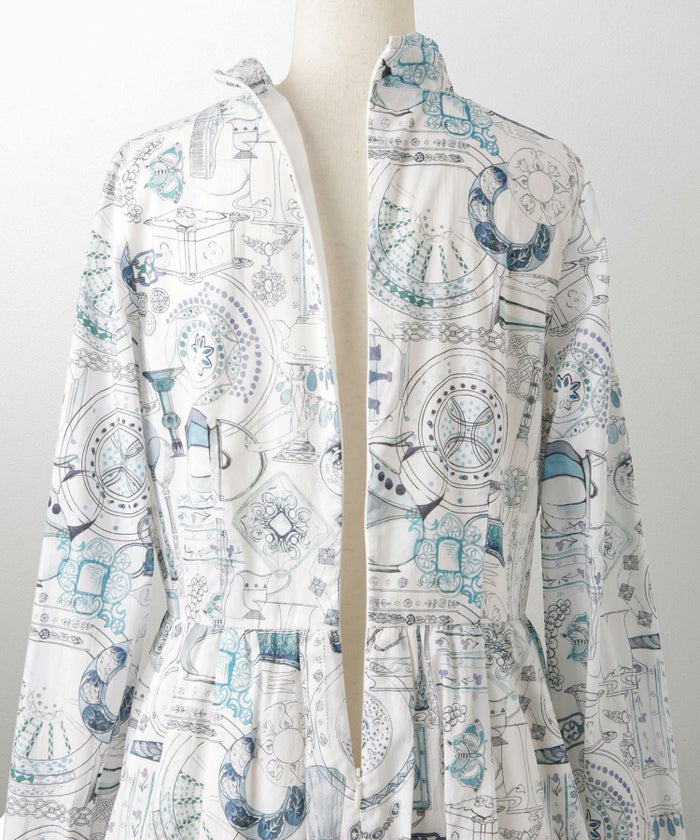 レディース ワンピース ボウタイ リバティ柄 長袖 パリ 陶器 長袖 きれいめ 上品 洗える グレー/ピンク/ブルー/ベージュ/M