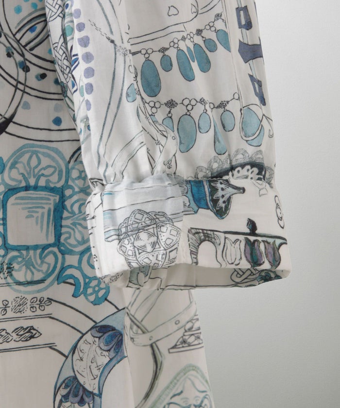 レディース ワンピース ボウタイ リバティ柄 長袖 パリ 陶器 長袖 きれいめ 上品 洗える グレー/ピンク/ブルー/ベージュ/M