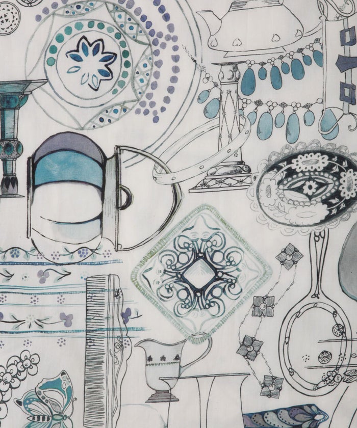 レディース ワンピース ボウタイ リバティ柄 長袖 パリ 陶器 長袖 きれいめ 上品 洗える グレー/ピンク/ブルー/ベージュ/M