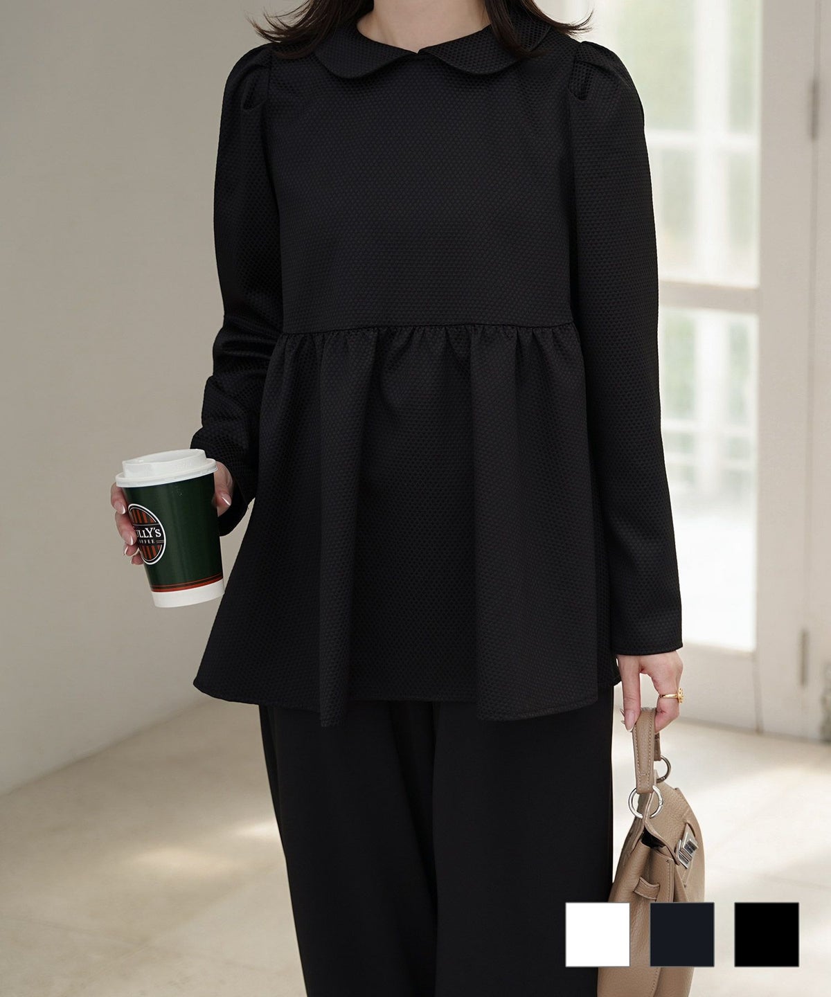 襟付き ジャガード ペプラム ブラウス フェミニン 微光沢 ペプラム 丸襟 長袖 きれいめ 上品 オフィス  オケージョン ホワイト ネイビー ブラック M 長袖 襟付き ジャガード ペプラム ブラウス HUIT