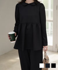 襟付き ジャガード ペプラム ブラウス フェミニン 微光沢 ペプラム 丸襟 長袖 きれいめ 上品 オフィス  オケージョン ホワイト ネイビー ブラック M 長袖 襟付き ジャガード ペプラム ブラウス HUIT