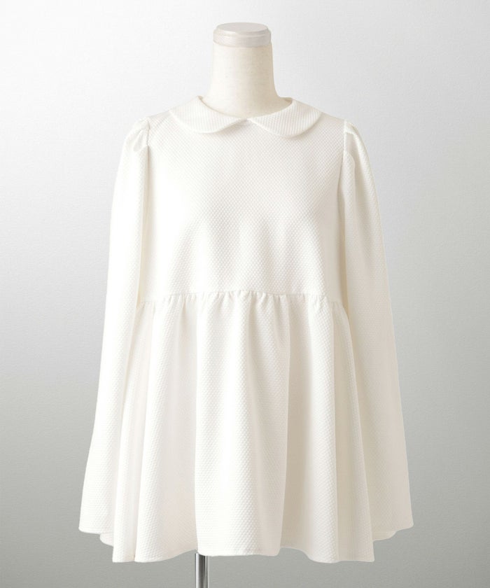 襟付き ジャガード ペプラム ブラウス フェミニン 微光沢 ペプラム 丸襟 長袖 きれいめ 上品 オフィス  オケージョン ホワイト/ネイビー/ブラック/M/長袖