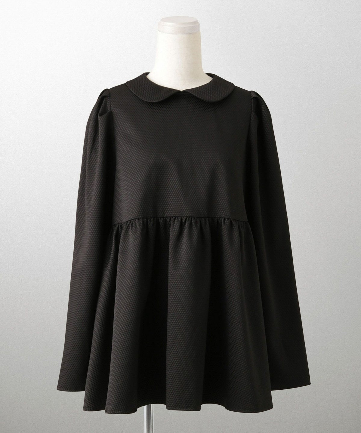 襟付き ジャガード ペプラム ブラウス フェミニン 微光沢 ペプラム 丸襟 長袖 きれいめ 上品 オフィス  オケージョン ホワイト/ネイビー/ブラック/M/長袖