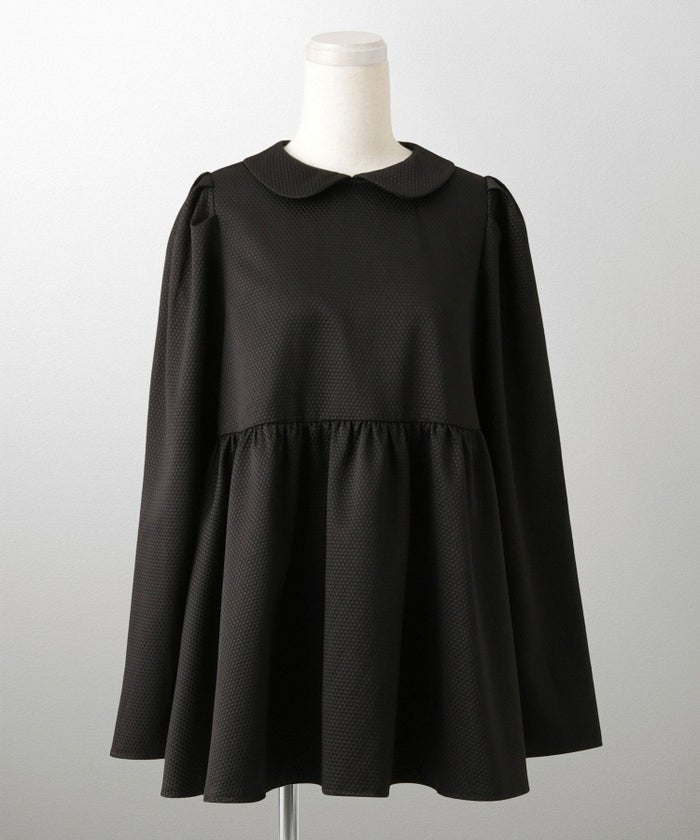 襟付き ジャガード ペプラム ブラウス フェミニン 微光沢 ペプラム 丸襟 長袖 きれいめ 上品 オフィス  オケージョン ホワイト/ネイビー/ブラック/M/長袖