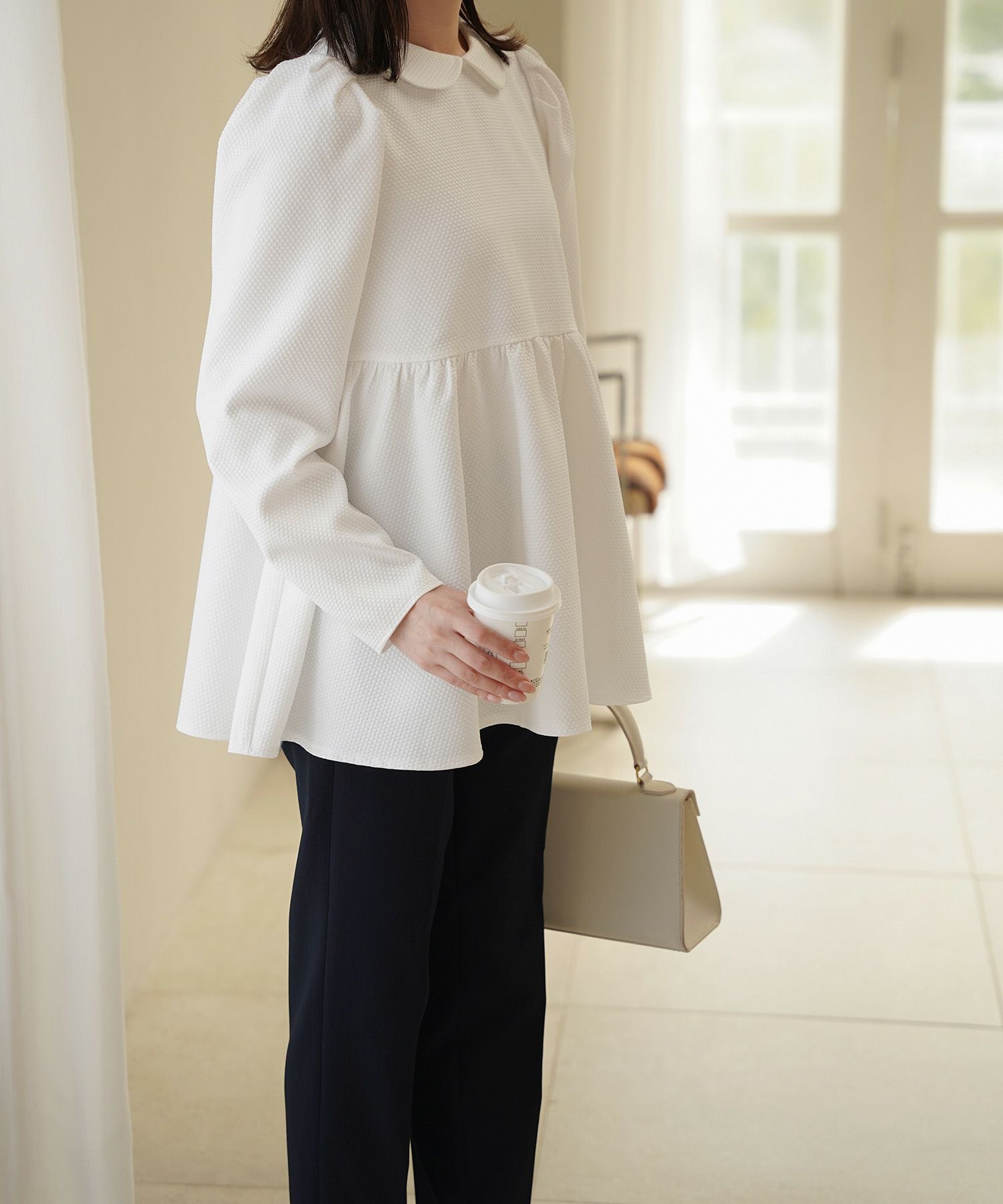 CLEARANCE-SALE 襟付き ジャガード ペプラム ブラウス HUIT 全3色