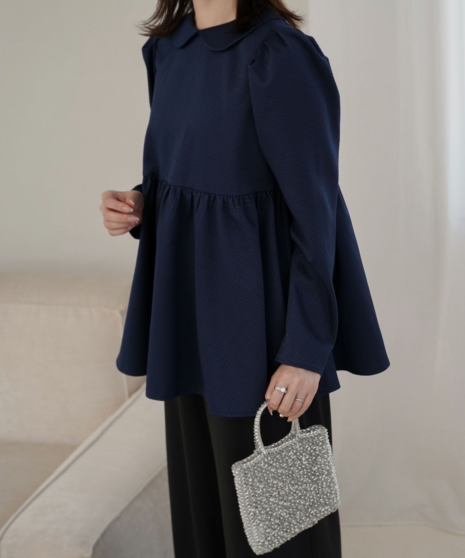 CLEARANCE-SALE 襟付き ジャガード ペプラム ブラウス HUIT 全3色