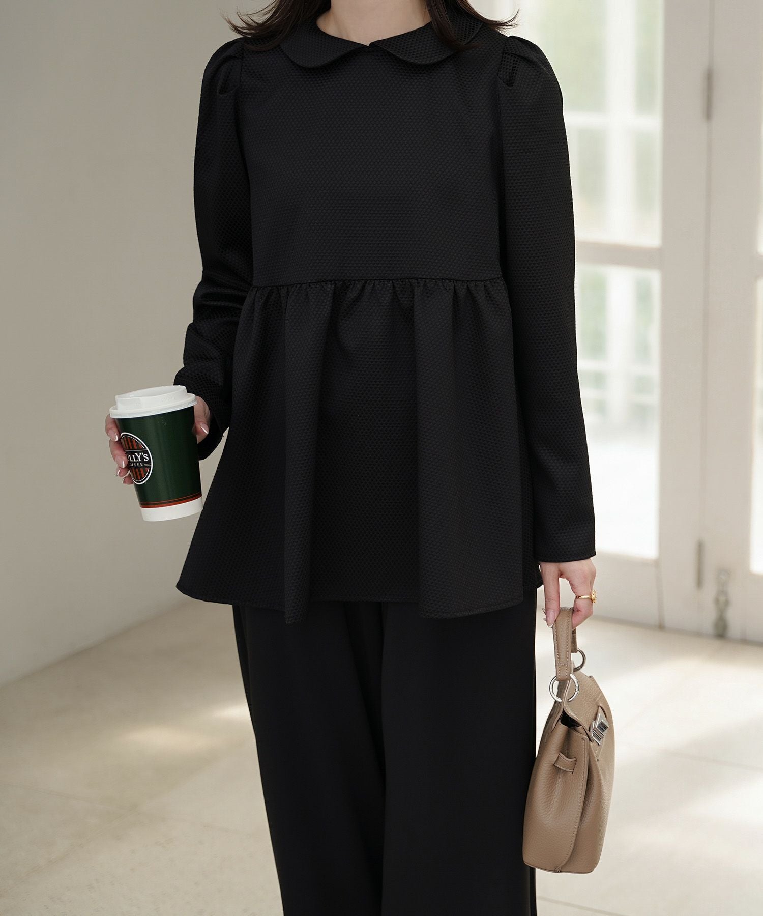 CLEARANCE-SALE 襟付き ジャガード ペプラム ブラウス HUIT 全3色