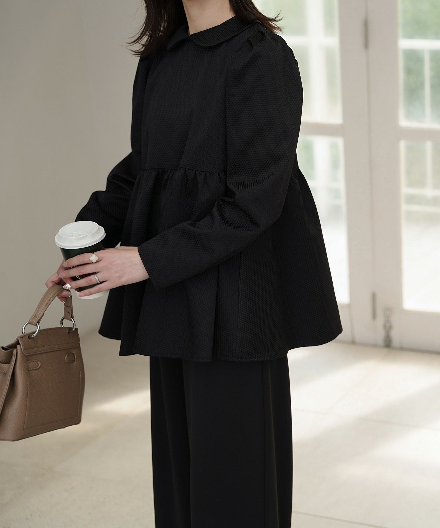 CLEARANCE-SALE 襟付き ジャガード ペプラム ブラウス HUIT 全3色