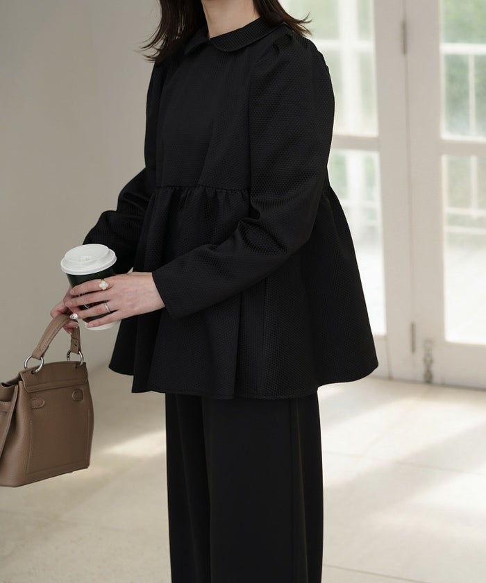 襟付き ジャガード ペプラム ブラウス フェミニン 微光沢 ペプラム 丸襟 長袖 きれいめ 上品 オフィス  オケージョン ホワイト/ネイビー/ブラック/M/長袖