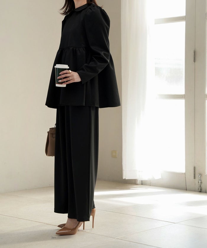 襟付き ジャガード ペプラム ブラウス フェミニン 微光沢 ペプラム 丸襟 長袖 きれいめ 上品 オフィス  オケージョン ホワイト/ネイビー/ブラック/M/長袖